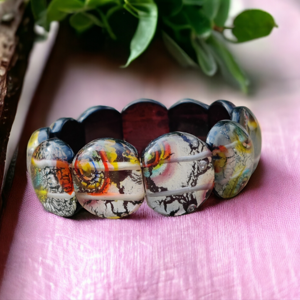 Vintage Multicolor Abstract Pattern Stretch Bracelet - Black, Yellow, Red, Blue